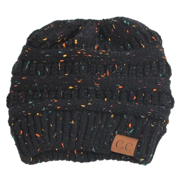2/$30 Black Beanie Confetti Speckled Knit Messy Bun Ponytail Hole Slouchy Hat OS - Picture 7 of 7